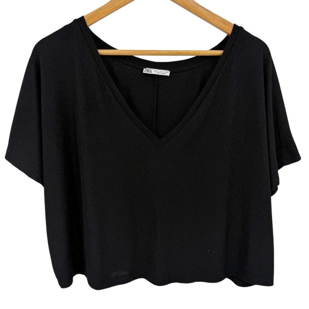 Zara Womens Medium Slouchy Top Black V-Neck Short Sleeve‎ Boxy Ribbed Knit Shirt